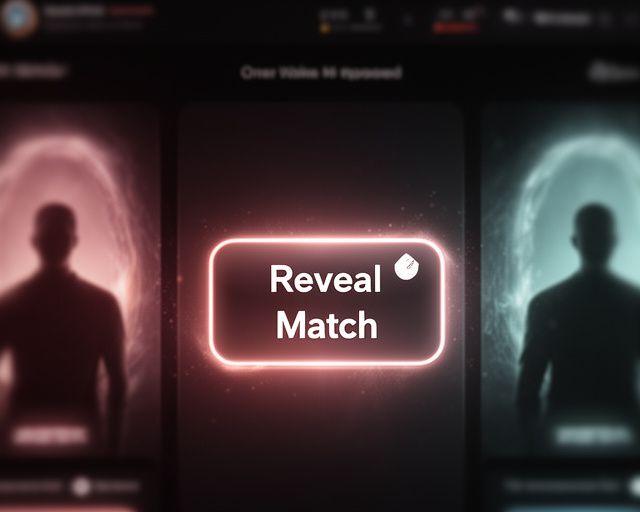 Крупный план кнопки Reveal Match на экране телефона с мягкой подсветкой и силуэтами двух людей